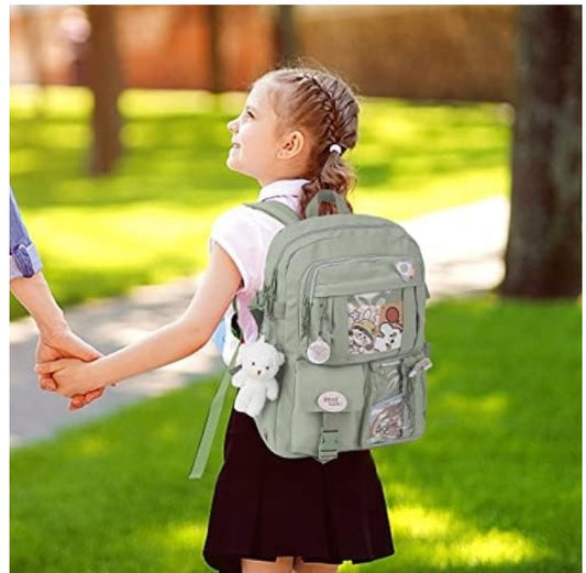 Wakiki - Kinderrugzak - Kawaii - schooltas meisje - rugzak meisje - met knuffel en leuke pinnen - rugtas - groen