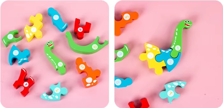 Wakiki - Altijd Handig! - Educatieve puzzel van een dino, Ankylosaurus, Montessori speelgoed, 7 stukjes, ook om te leren tellen