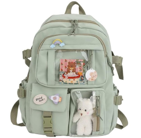 Wakiki - Kinderrugzak - Kawaii - schooltas meisje - rugzak meisje - met knuffel en leuke pinnen - rugtas - groen