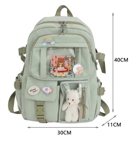 Wakiki - Kinderrugzak - Kawaii - schooltas meisje - rugzak meisje - met knuffel en leuke pinnen - rugtas - groen