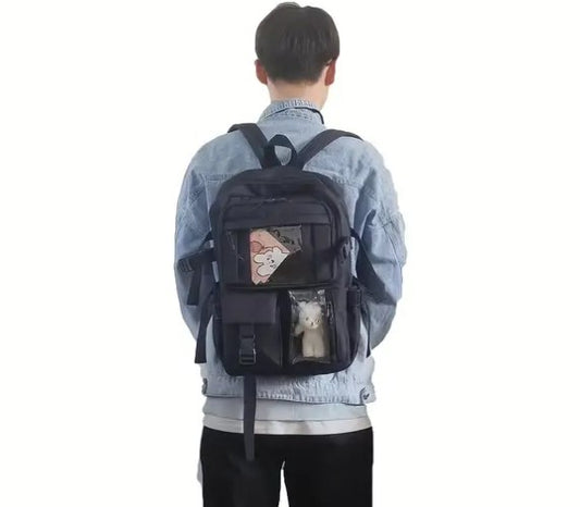 Wakiki - Altijd Handig! - Kawaii - schooltas meisje - rugzak meisje - met knuffel en leuke pinnen - rugtas - zwart