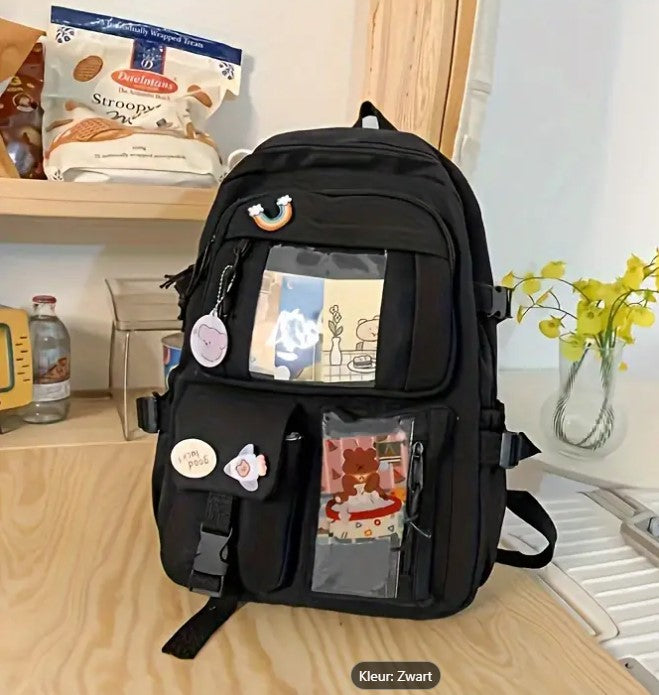 Wakiki - Altijd Handig! - Kawaii - schooltas meisje - rugzak meisje - met knuffel en leuke pinnen - rugtas - zwart